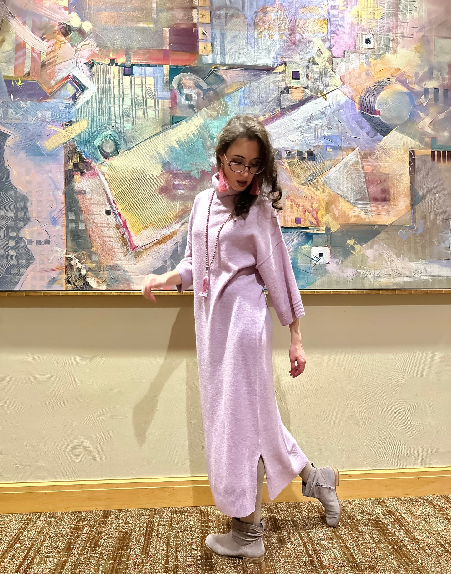 Luxurious 100% Cashmere Midi Dress in Soft Lavender