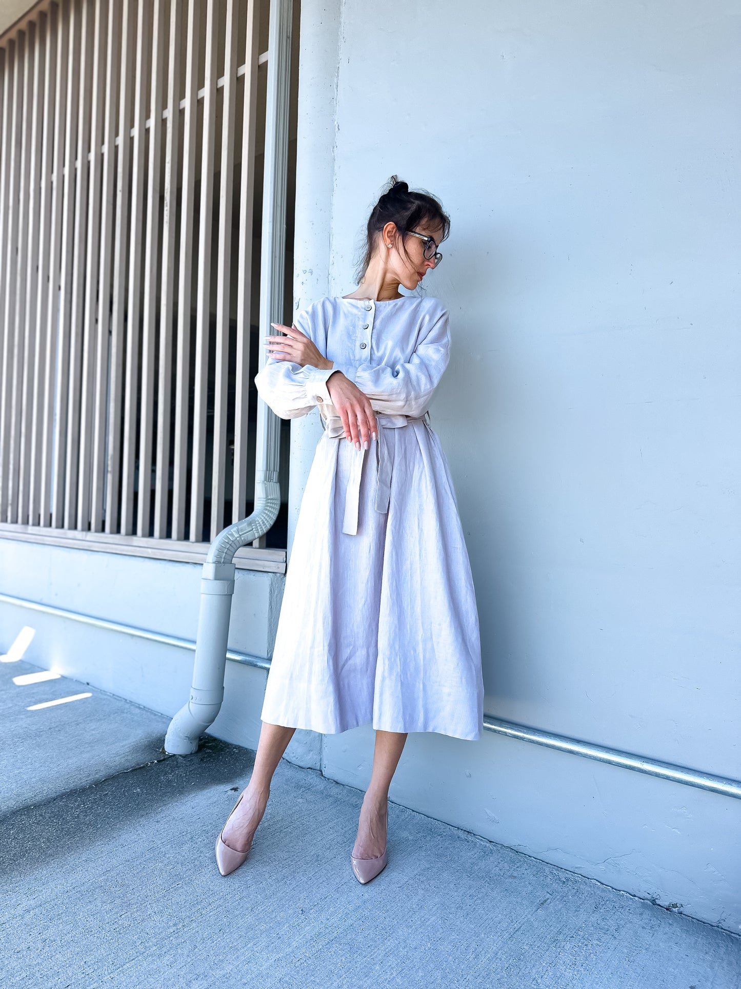 Vintage Linen Black (Dark blue) Dress with long Sleeves