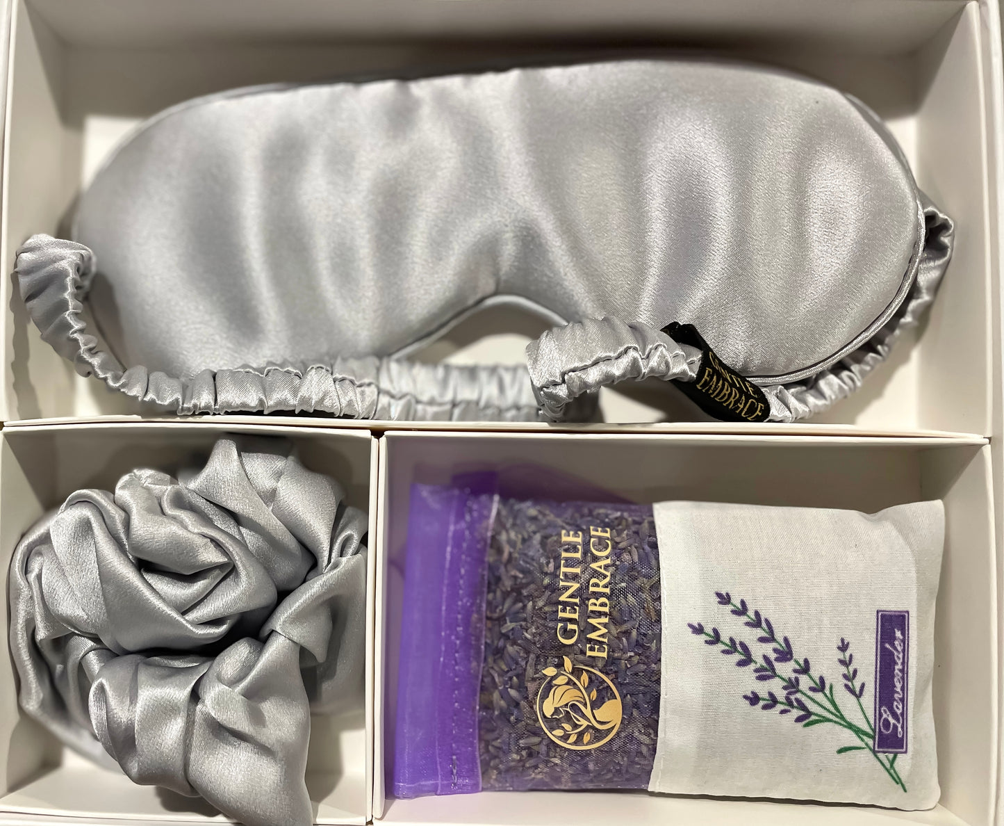 Premium 100% Silk Sleep Set with Lavender Sachet (Silk Eye Mask, Silk Scrunchie & Lavender Sachet)