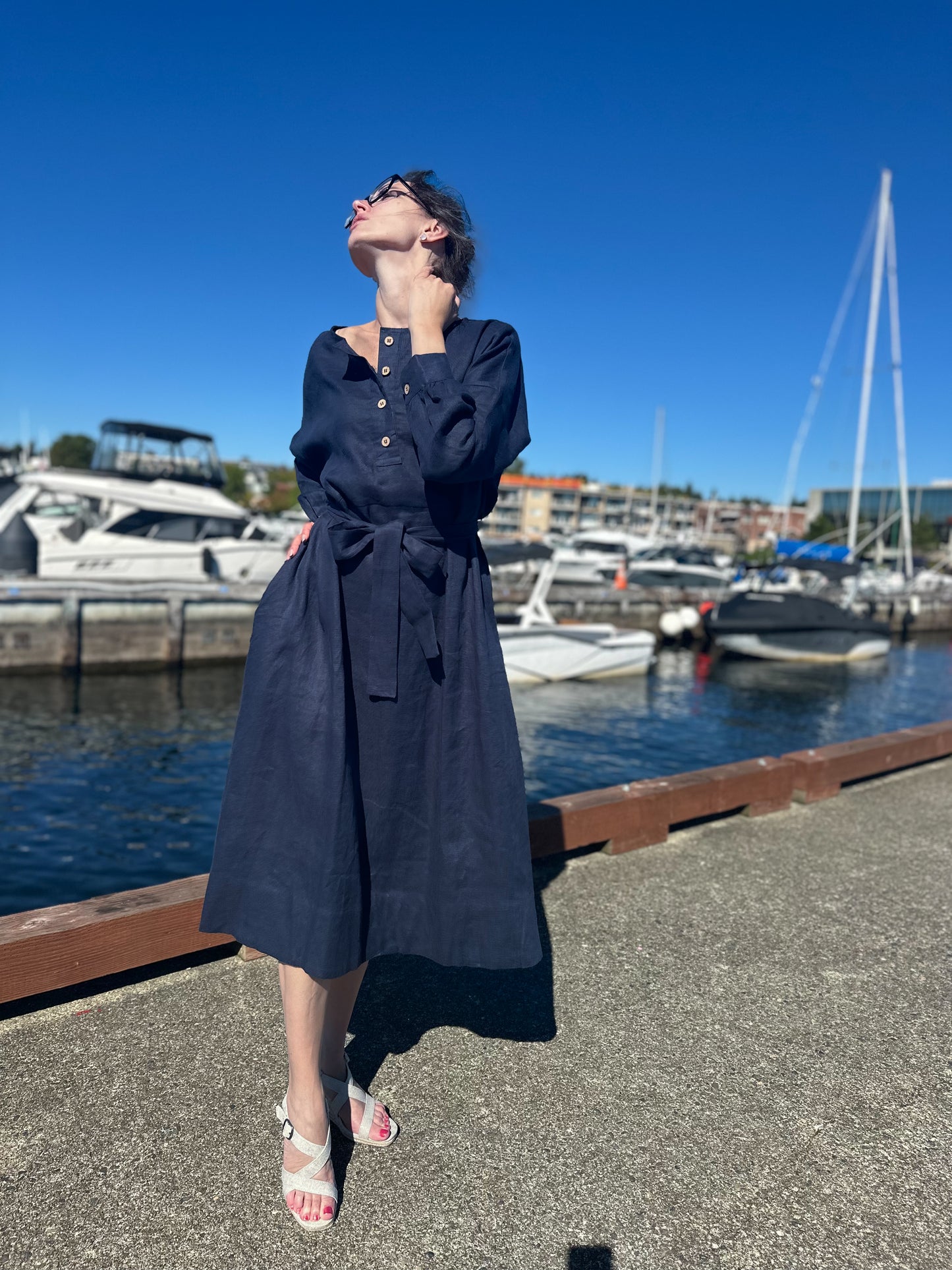 Vintage Linen Black (Dark blue) Dress with long Sleeves