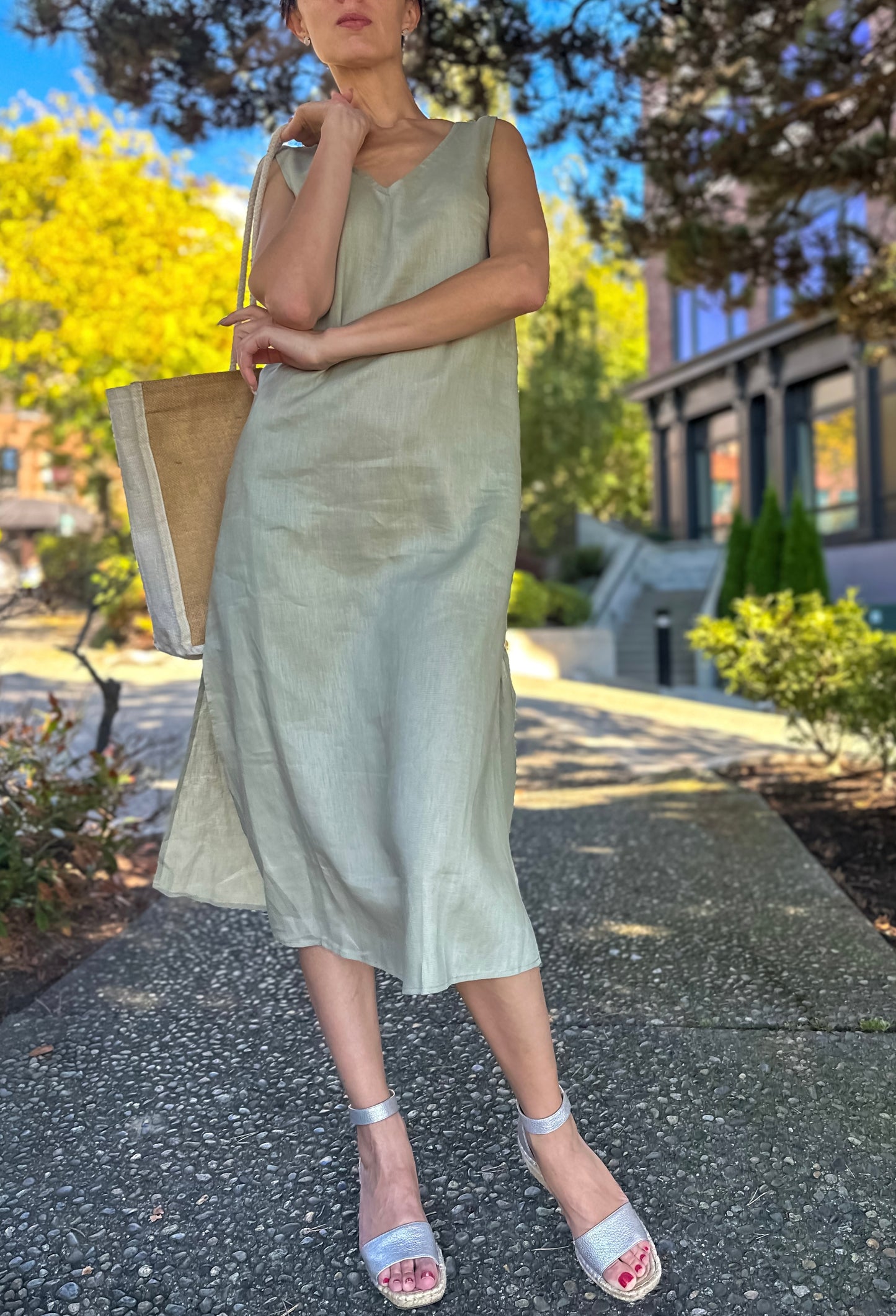 Linen Olive Mid-length Sleeveless Dress