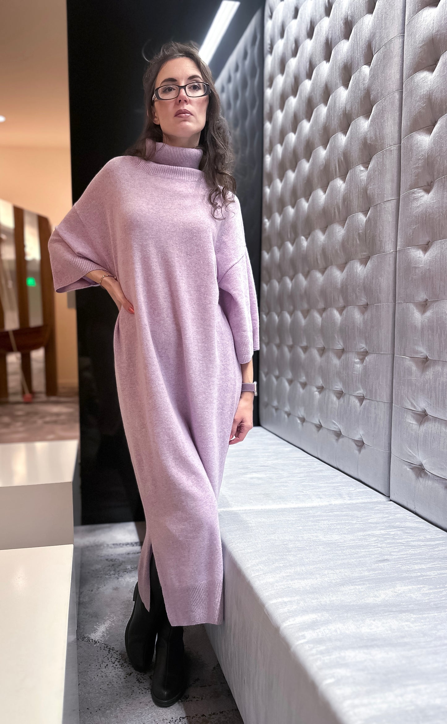 Luxurious 100% Cashmere Midi Dress in Soft Lavender