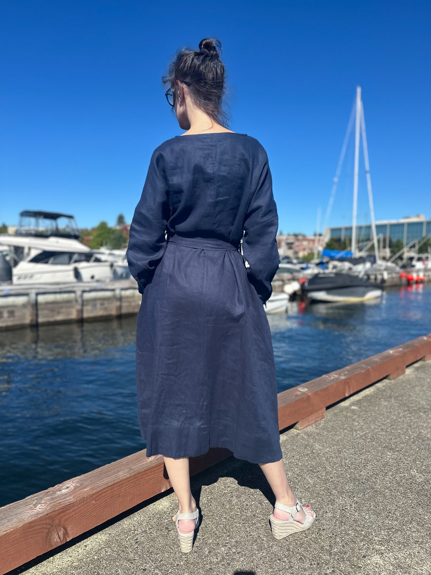 Vintage Linen Black (Dark blue) Dress with long Sleeves