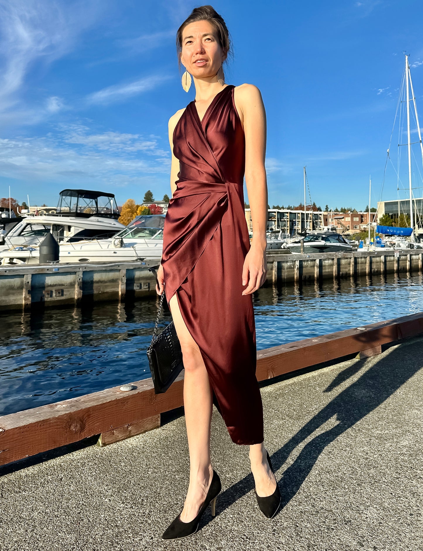 Modern Wrap Silk Dress with High Side Slit Burgundy