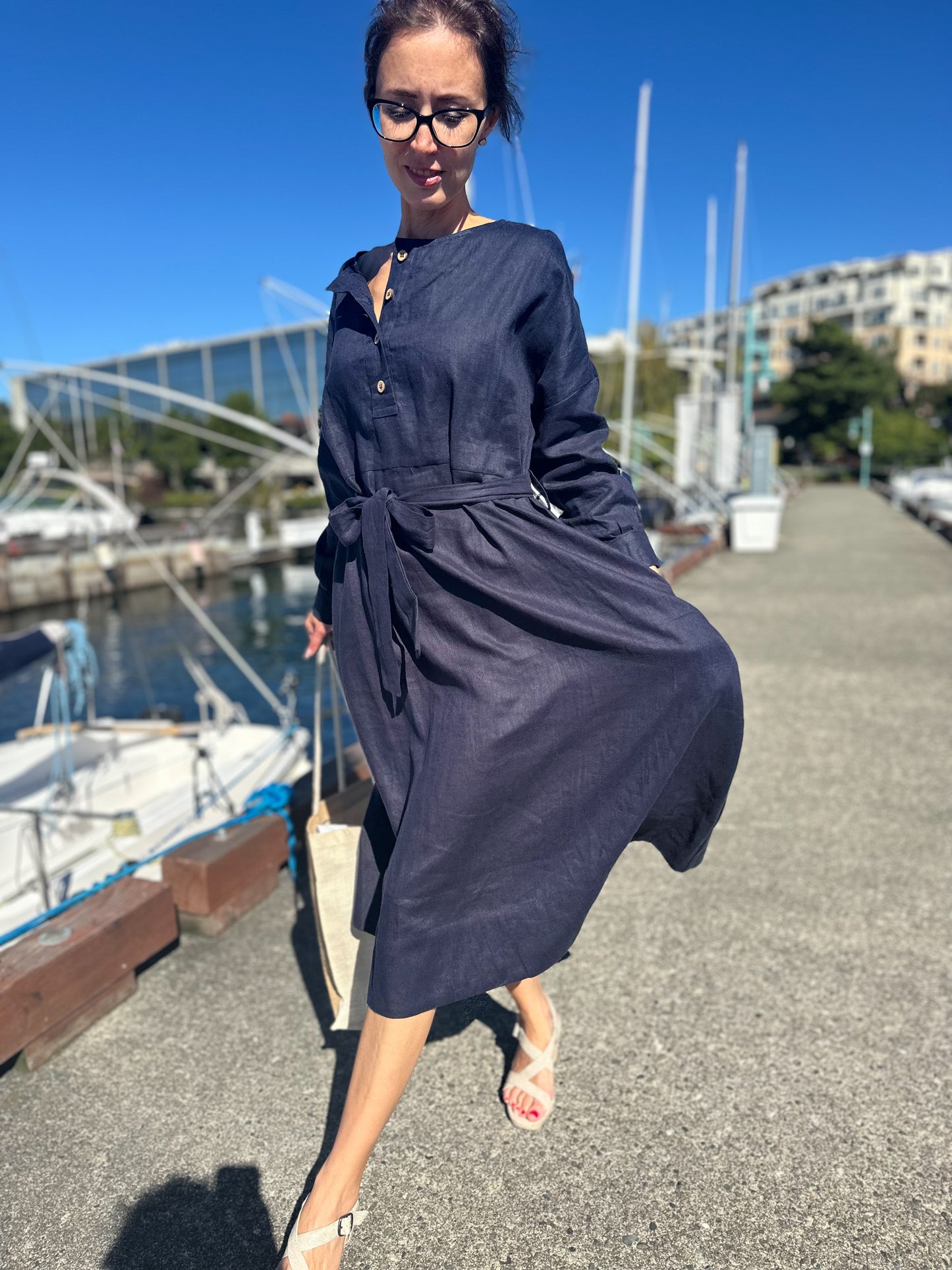 Vintage Linen Black (Dark blue) Dress with long Sleeves