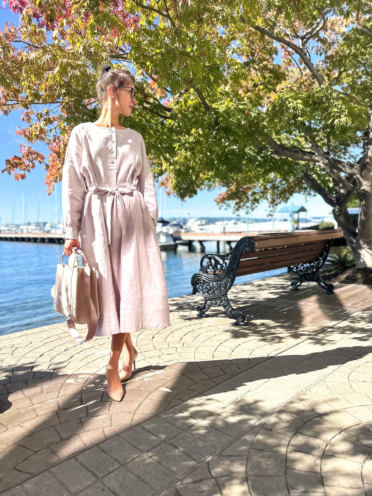 Vintage Linen Light Gray Dress with long Sleeves