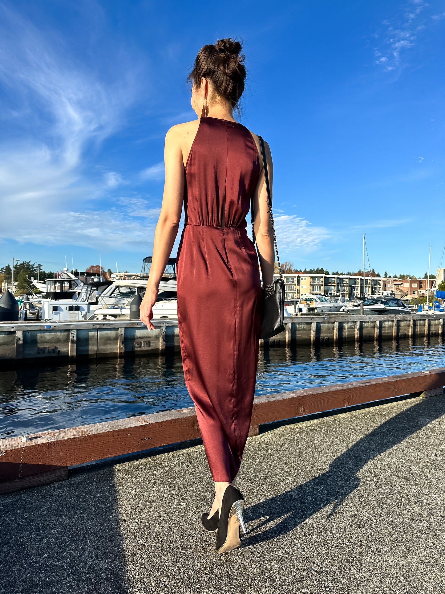 Modern Wrap Silk Dress with High Side Slit Burgundy