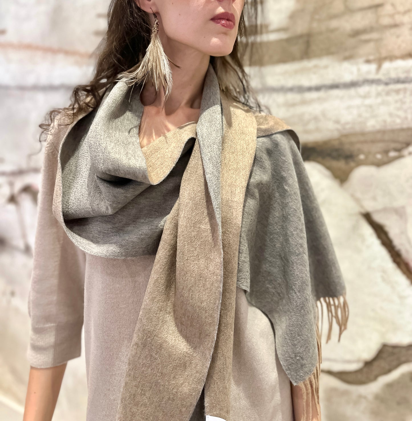 100% Cashmere Double-Sides Scarf  camel/grey