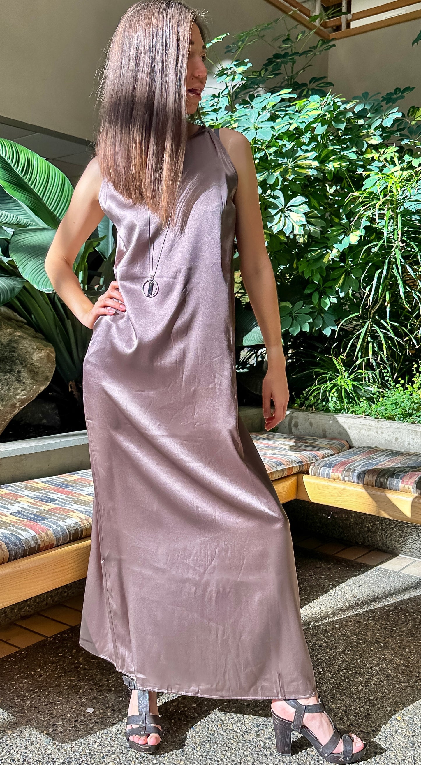 Elegant Metallic Purple Taupe Full-length Silk Dress