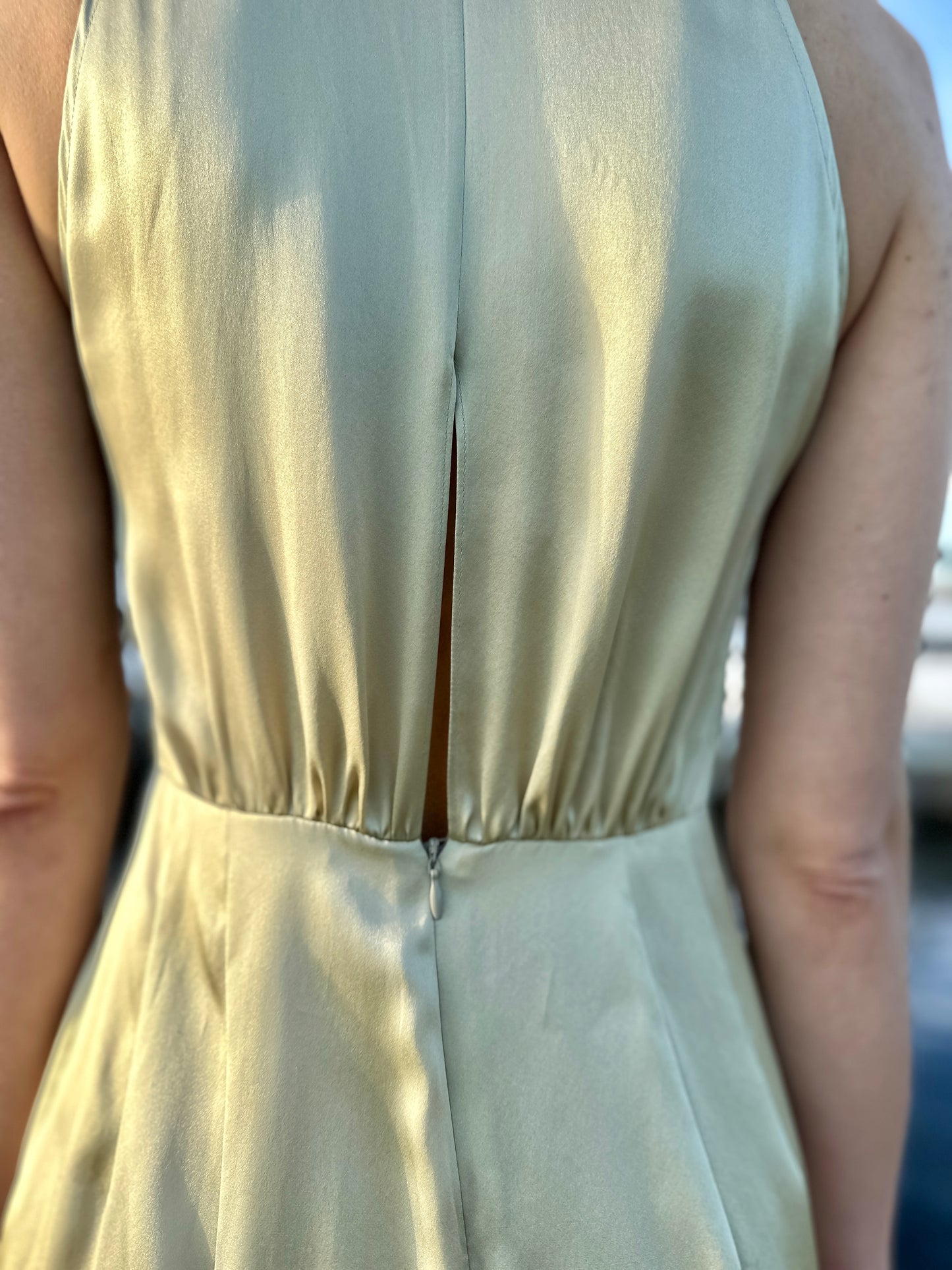 Modern Wrap Silk Dress with High Side Slit Olive-Champagne