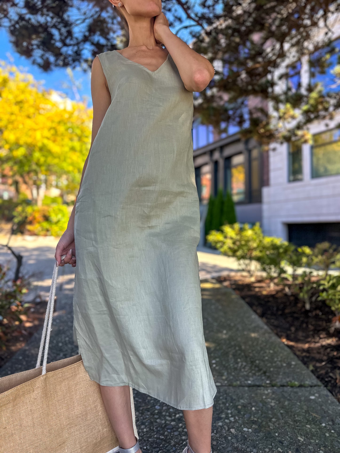 Linen Olive Mid-length Sleeveless Dress