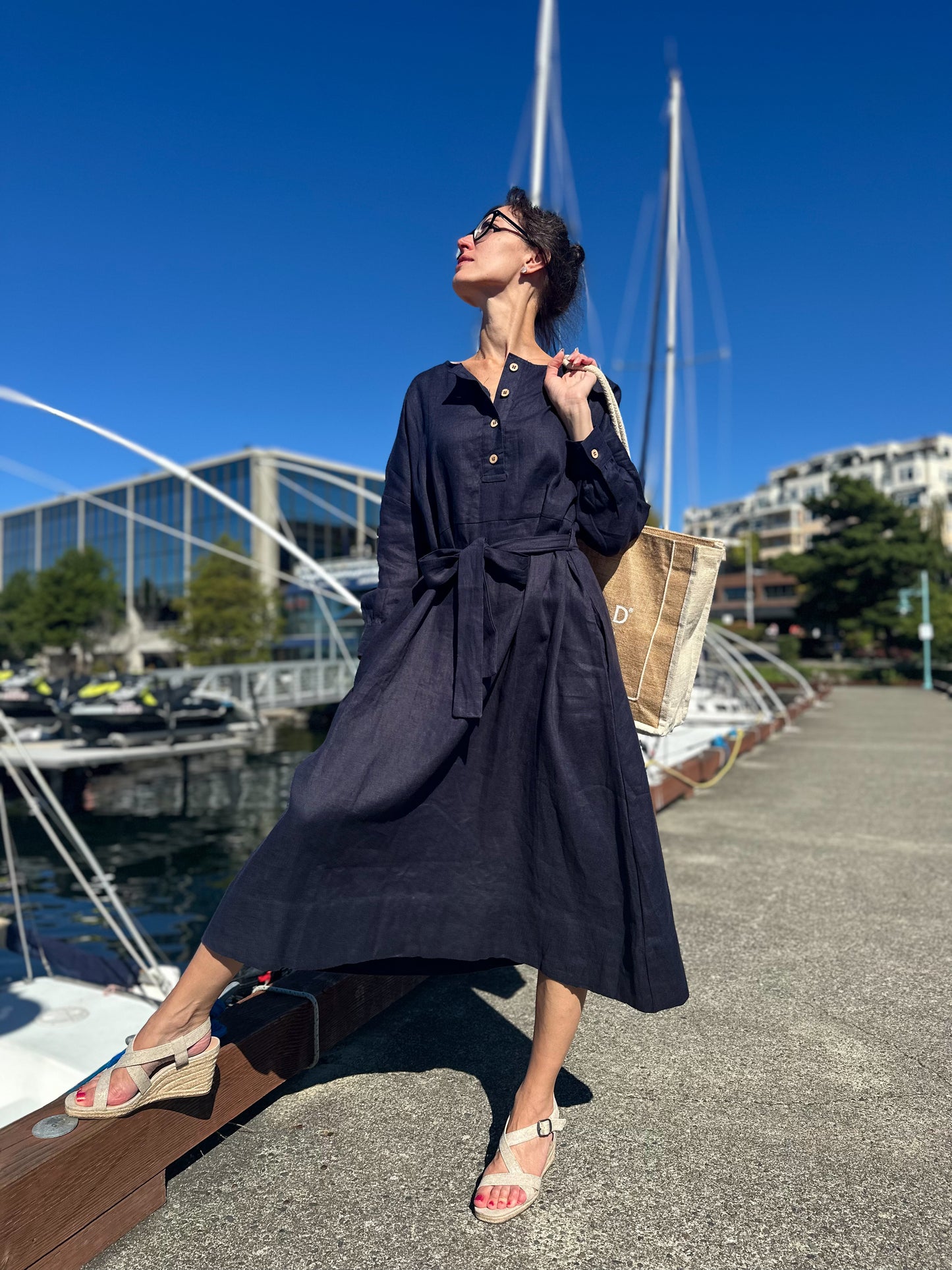 Vintage Linen Black (Dark blue) Dress with long Sleeves