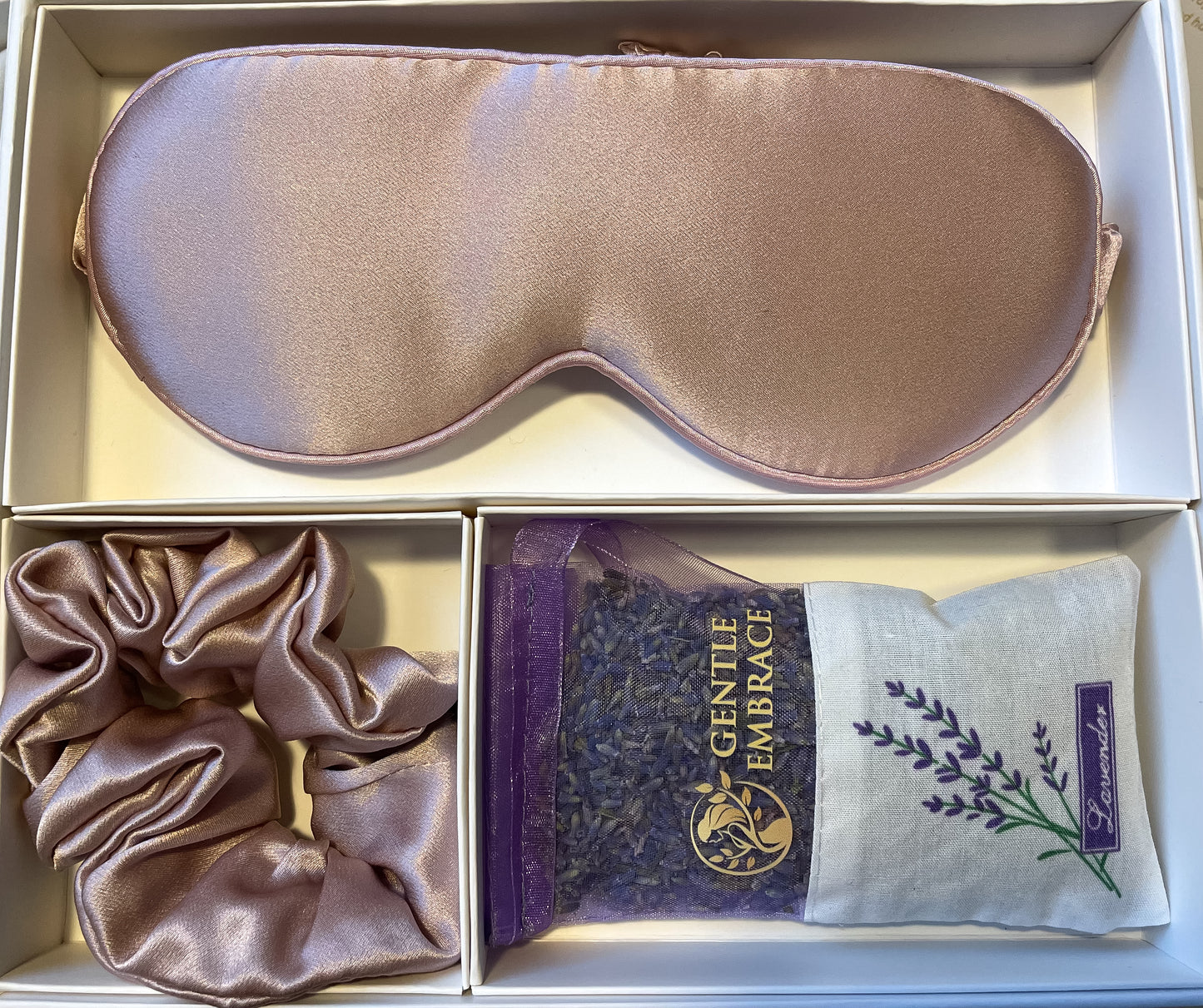 Premium 100% Silk Sleep Set with Lavender Sachet (Silk Eye Mask, Silk Scrunchie & Lavender Sachet)