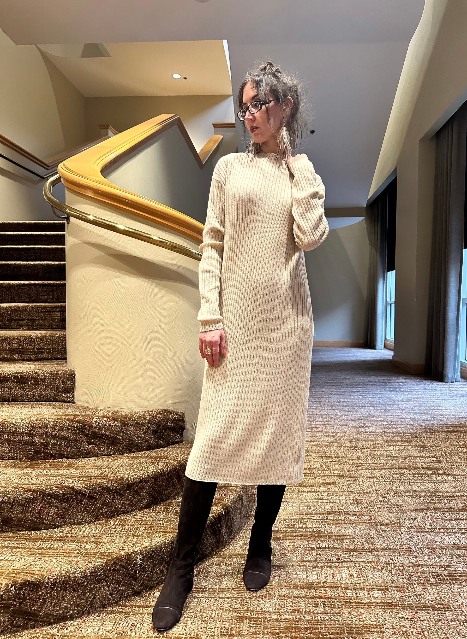 cream cashmere dress Ribbed V-Neck Long Sleeve Cashmere Midi Sweater Dress (Ivory/L)