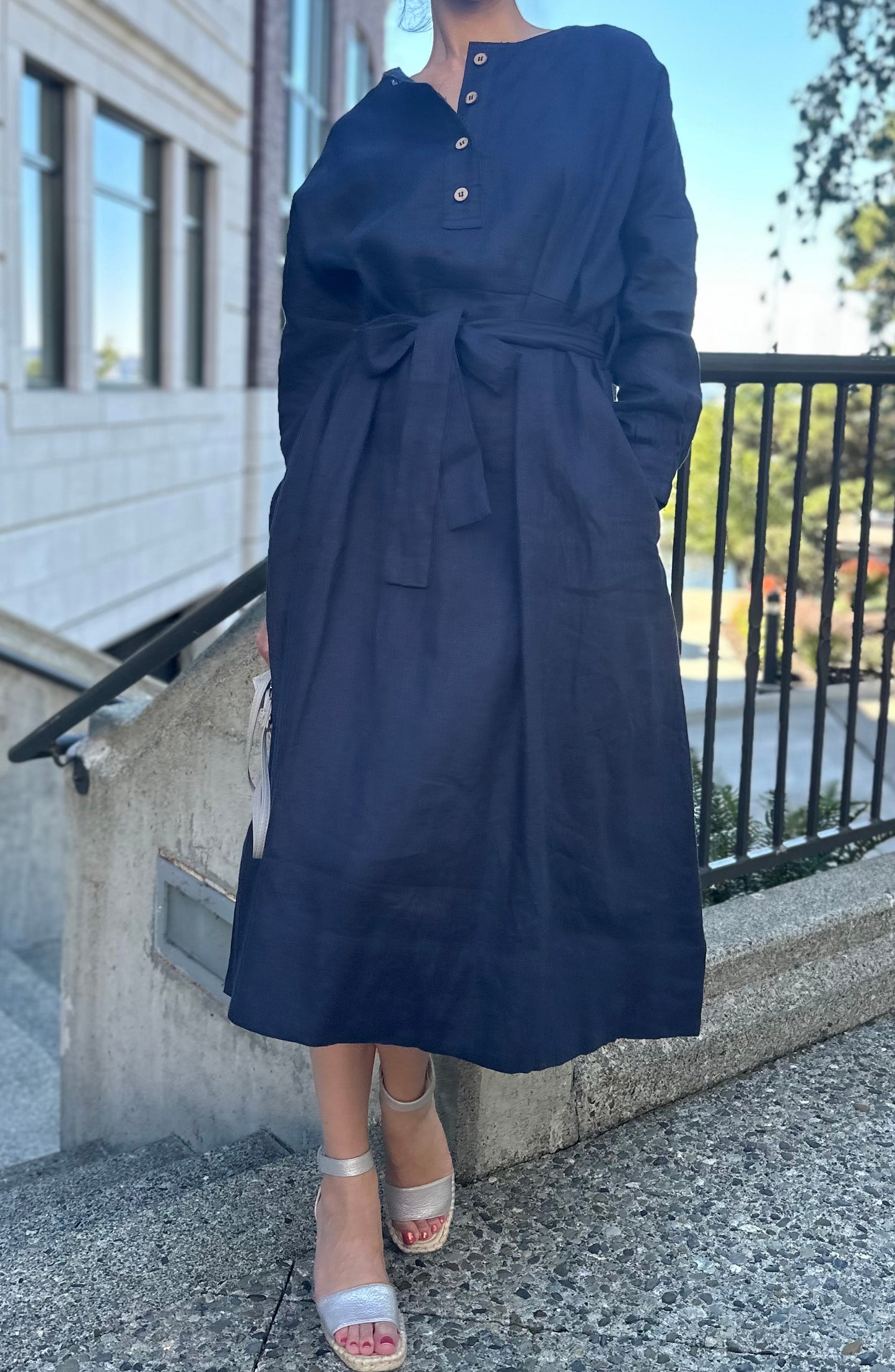 Vintage Linen Black (Dark blue) Dress with long Sleeves