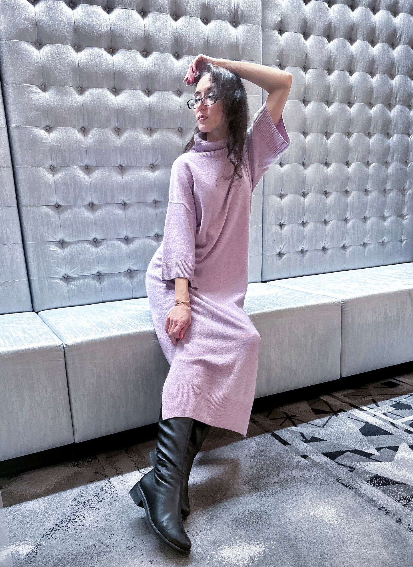 Luxurious 100% Cashmere Midi Dress in Soft Lavender