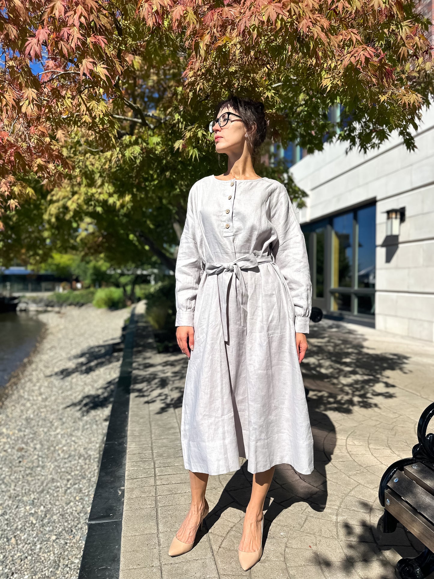 Vintage Linen Black (Dark blue) Dress with long Sleeves