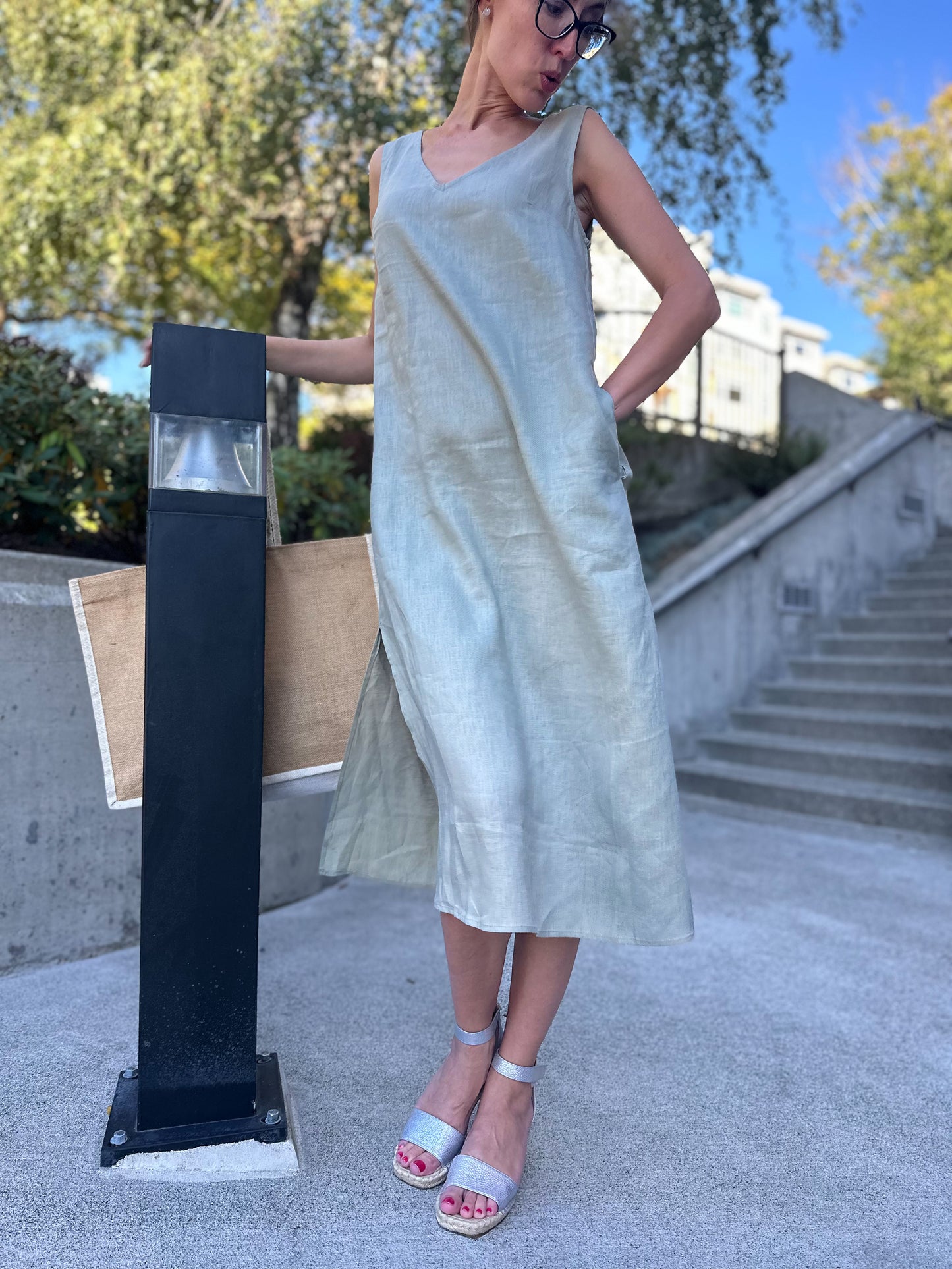 Linen Olive Mid-length Sleeveless Dress