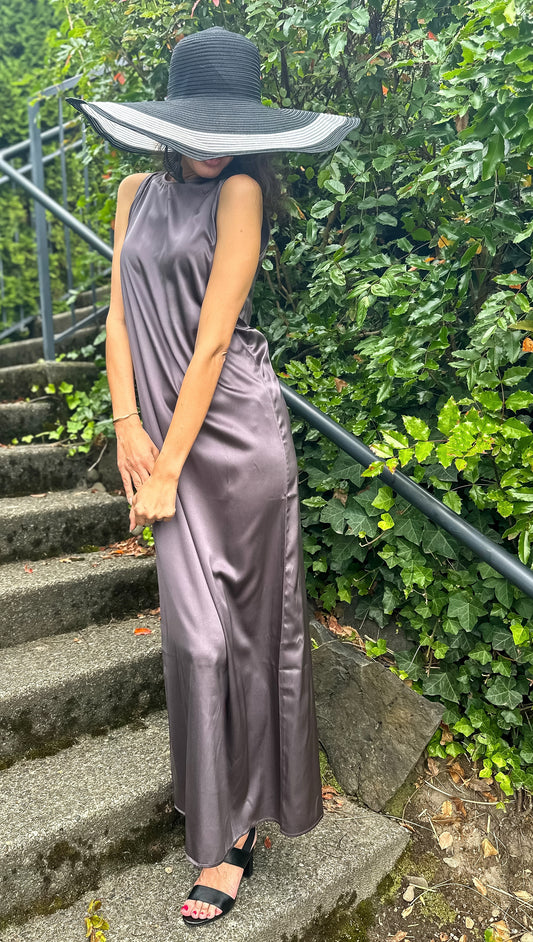 Elegant Metallic Purple Taupe Full-length Silk Dress