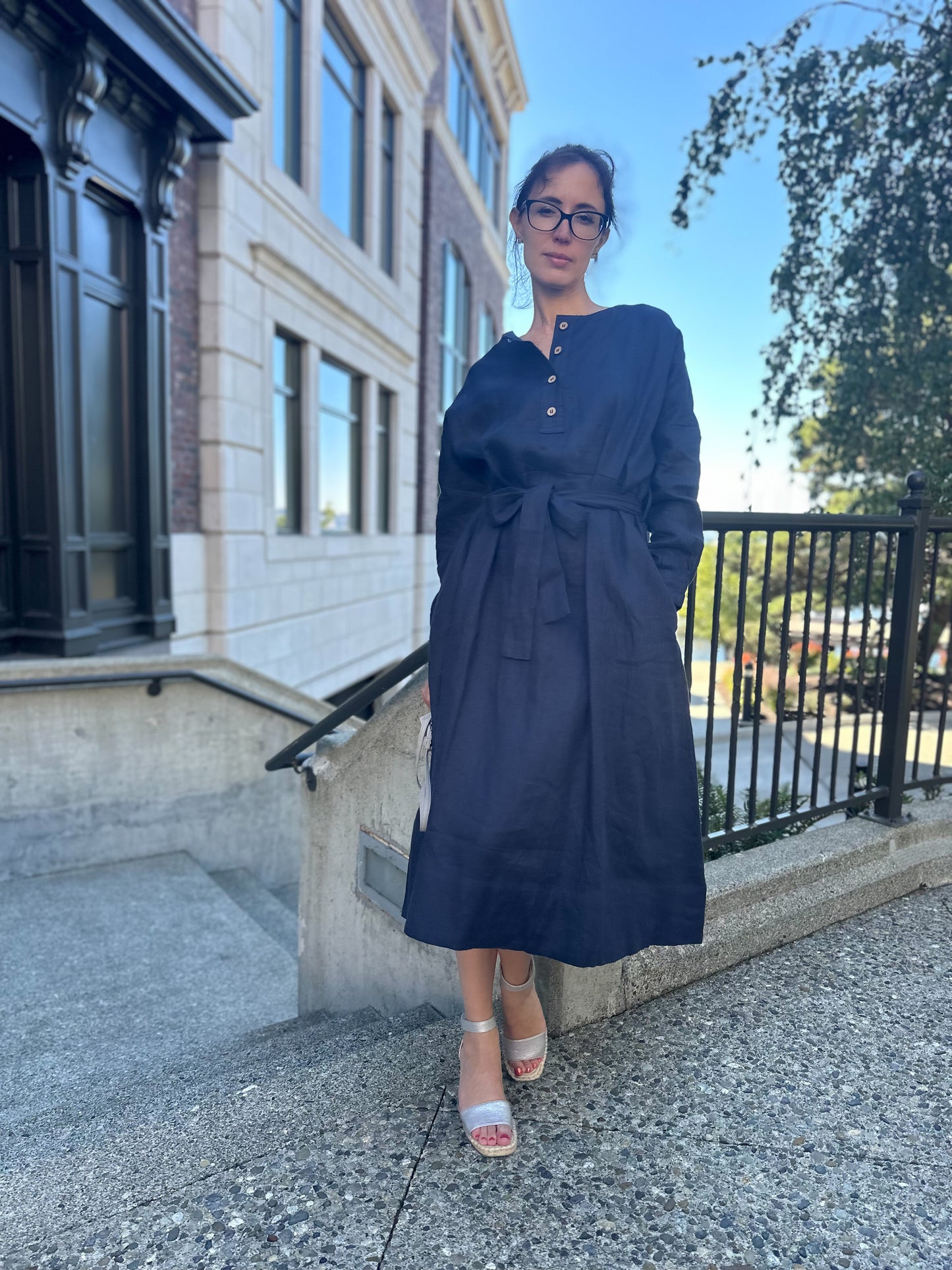 Vintage Linen Black (Dark blue) Dress with long Sleeves