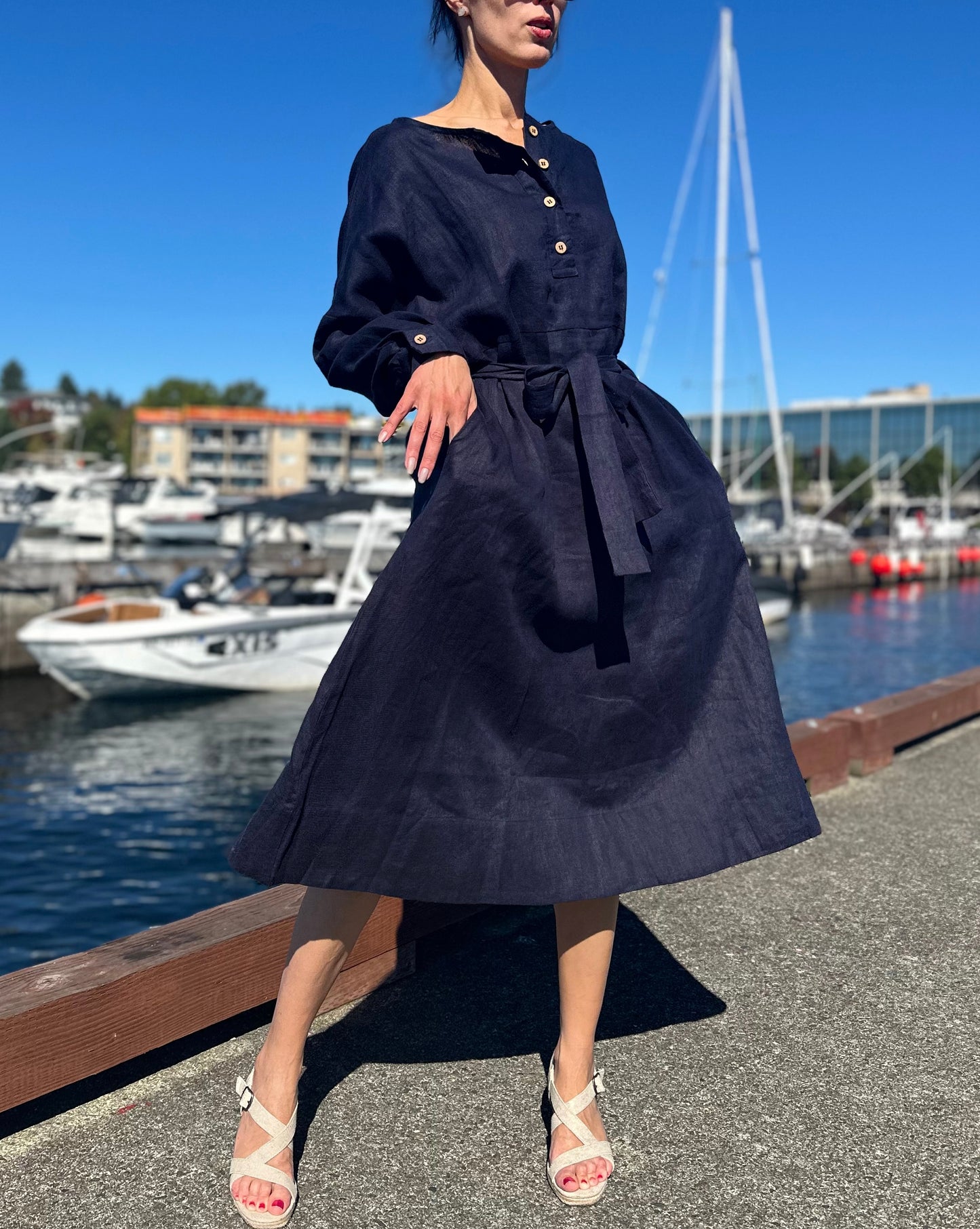 Vintage Linen Light Gray Dress with long Sleeves