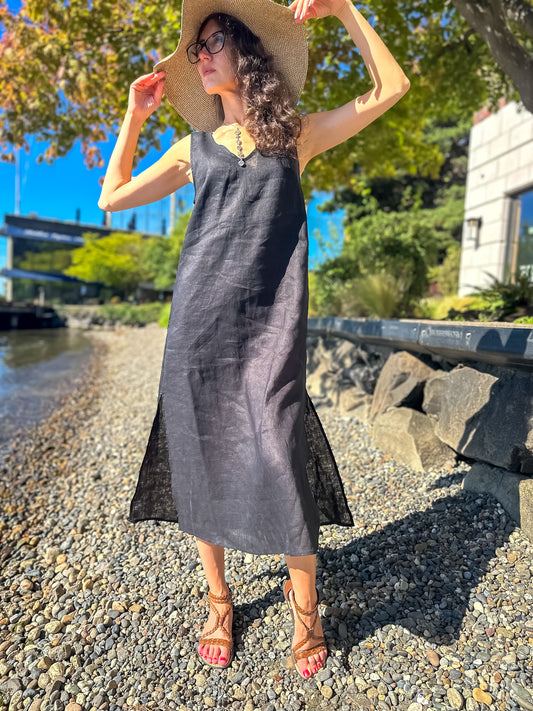 Black Linen Mid-length Sleeveless Dress