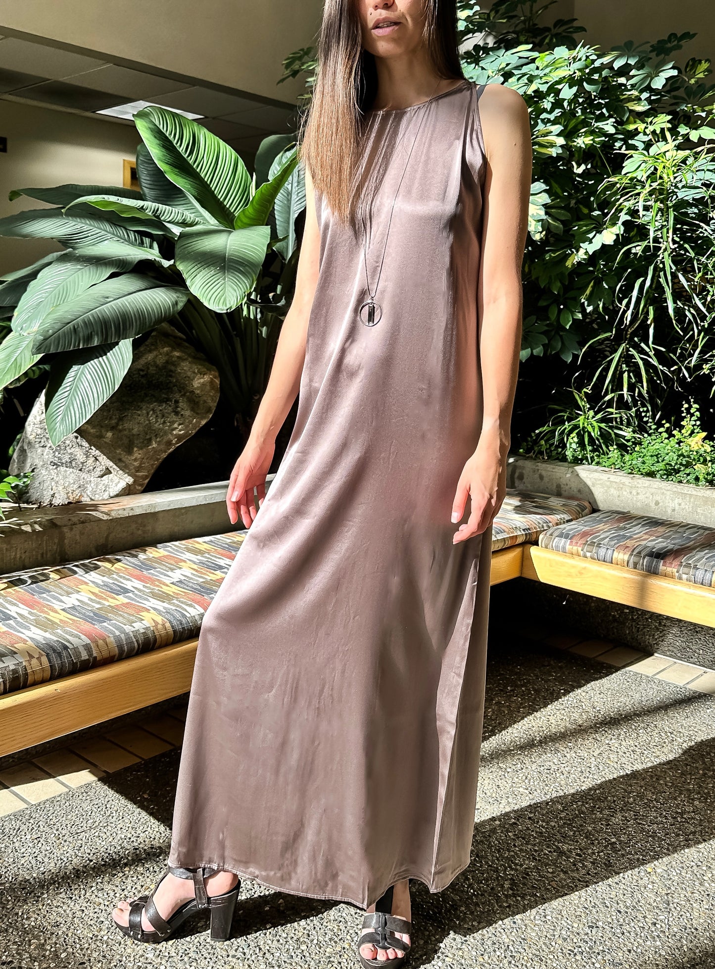 Elegant Rose Taupe Full-length Silk Dress