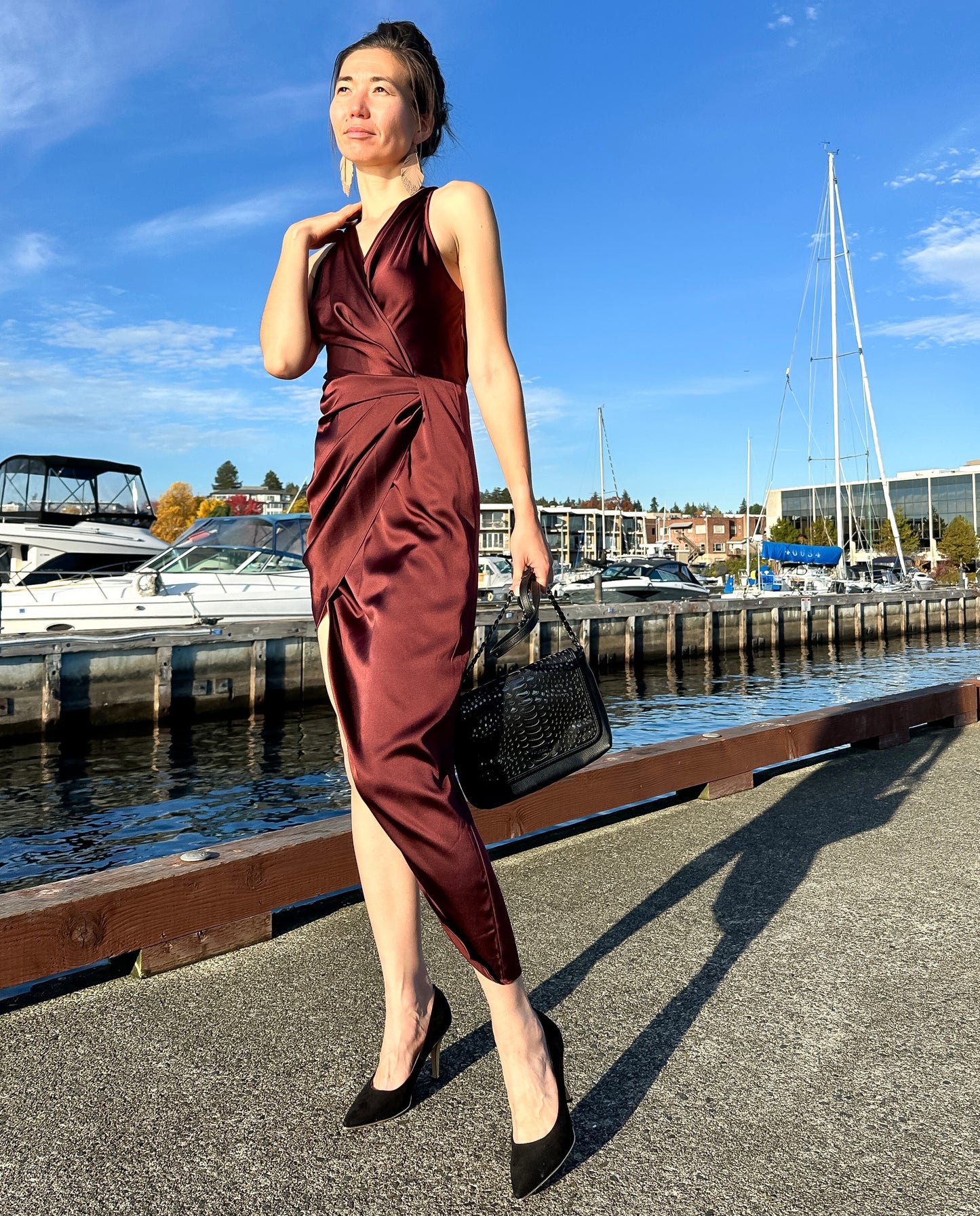 Modern Wrap Silk Dress with High Side Slit Burgundy