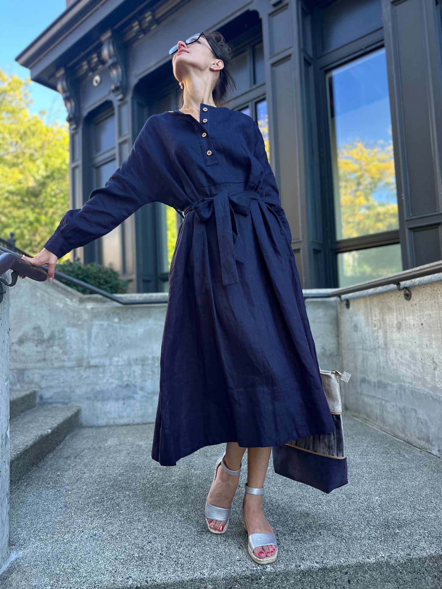 Vintage Linen Black (Dark blue) Dress with long Sleeves