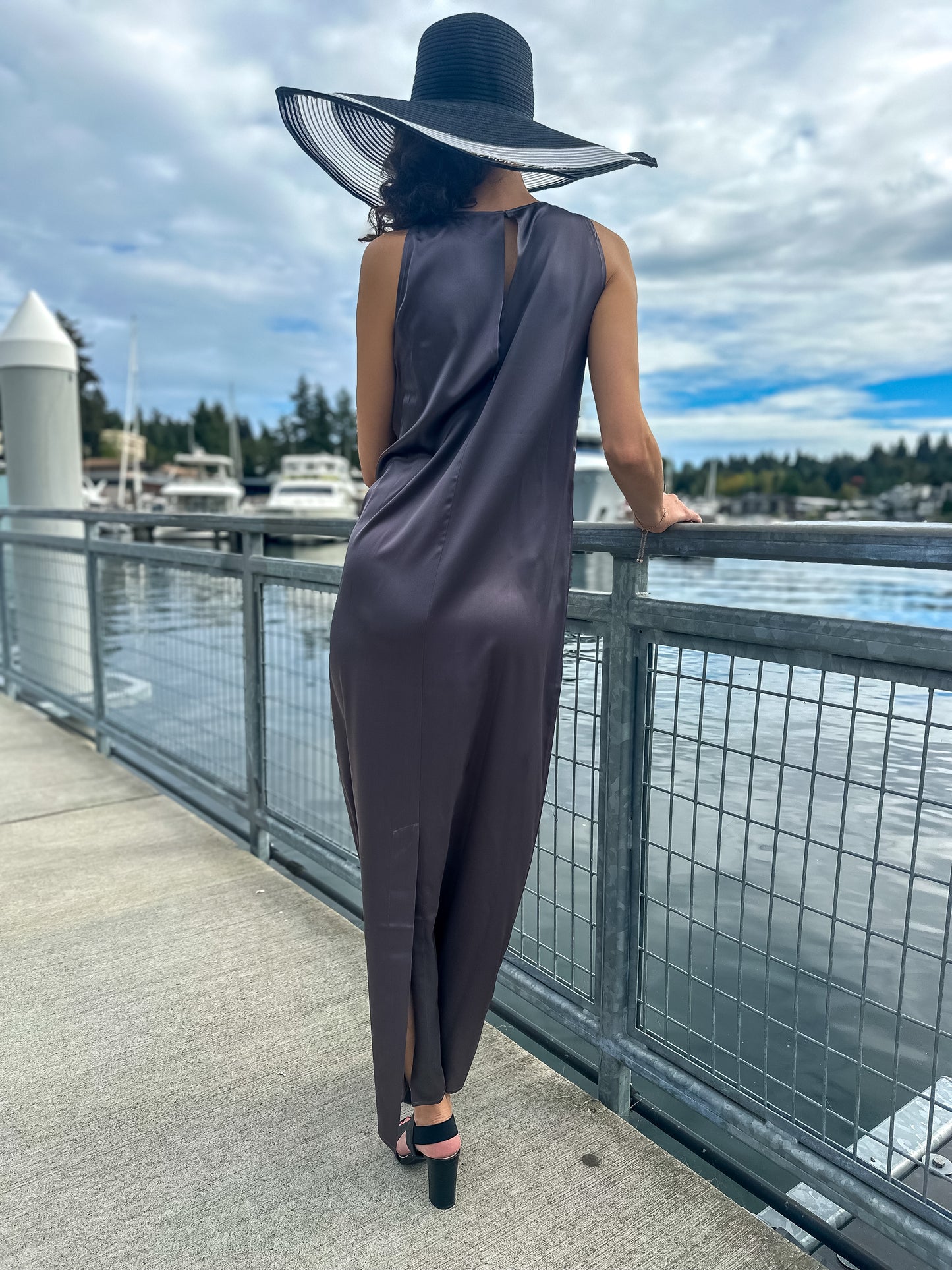 Elegant Metallic Purple Taupe Full-length Silk Dress