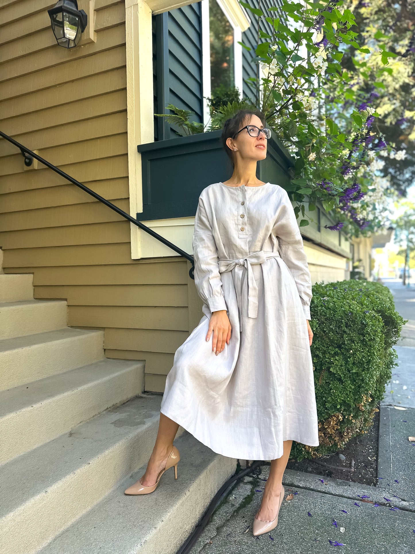 Vintage Linen Black (Dark blue) Dress with long Sleeves