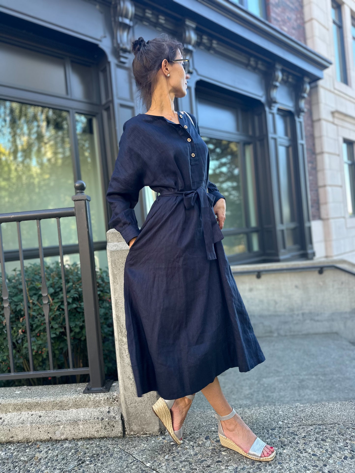 Vintage Linen Black (Dark blue) Dress with long Sleeves