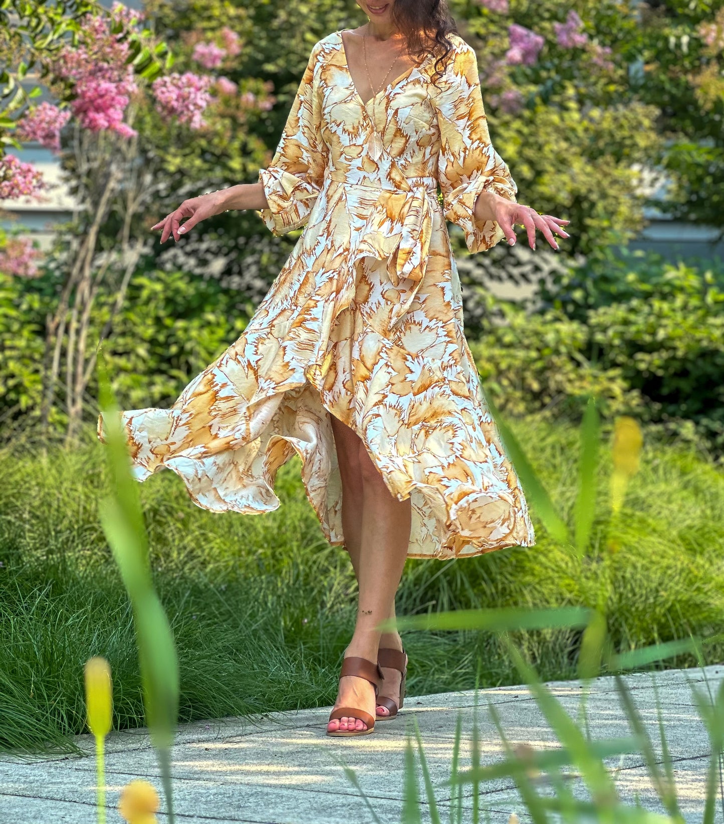 Wrap Dress with Long Sleeves, Leaves Pattern