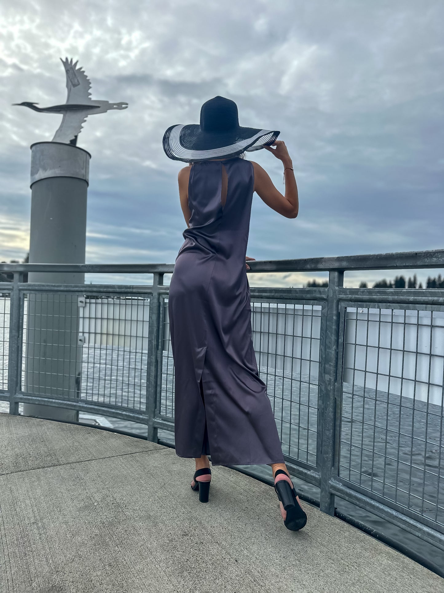 Elegant Metallic Purple Taupe Full-length Silk Dress