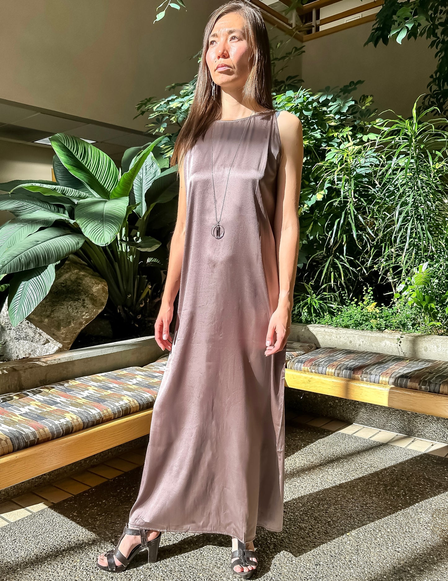 Elegant Rose Taupe Full-length Silk Dress