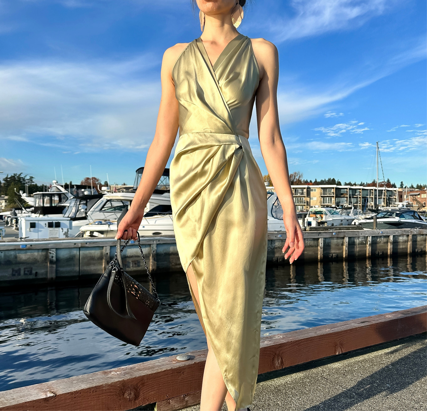 Modern Wrap Silk Dress with High Side Slit Olive-Champagne