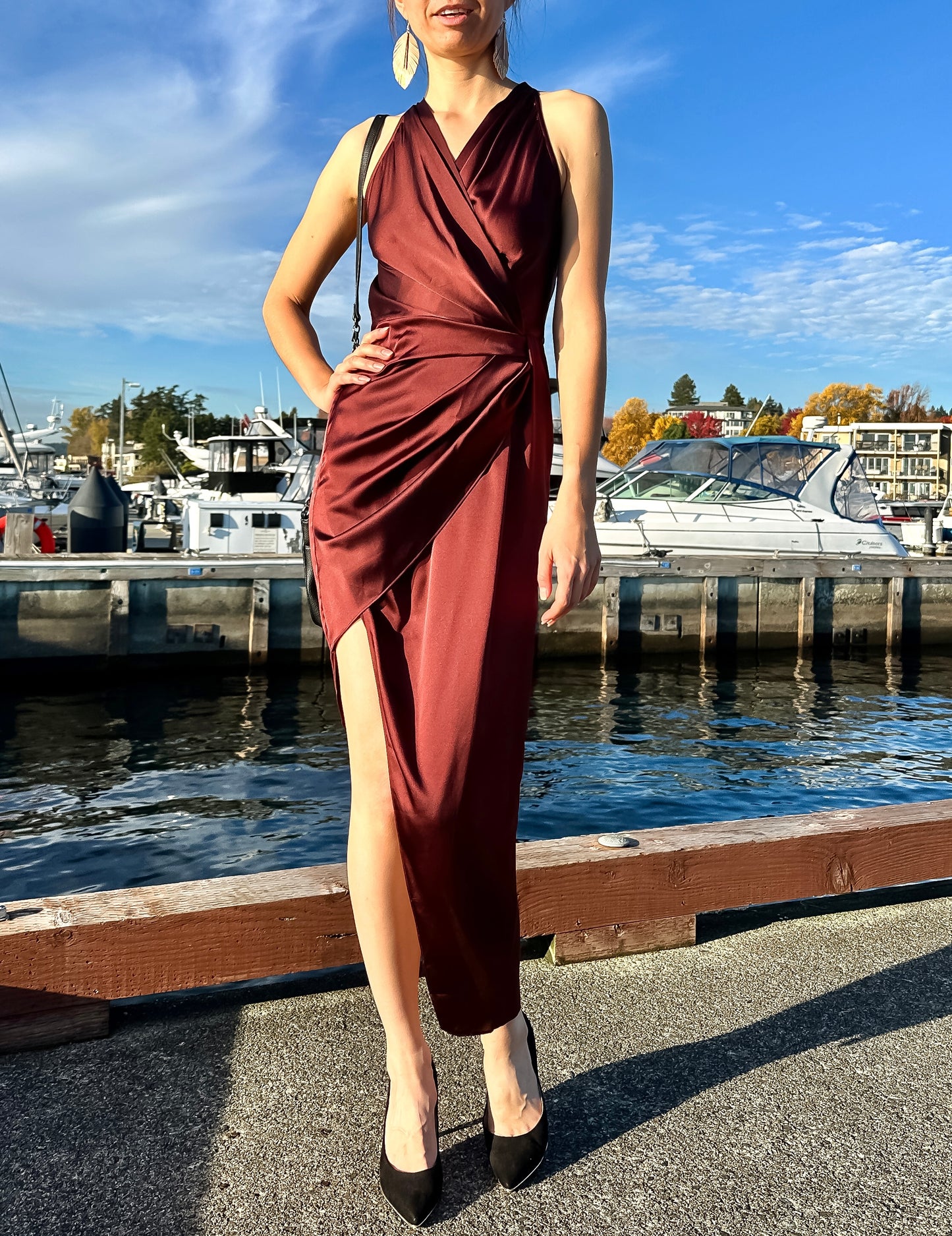 Modern Wrap Silk Dress with High Side Slit Burgundy