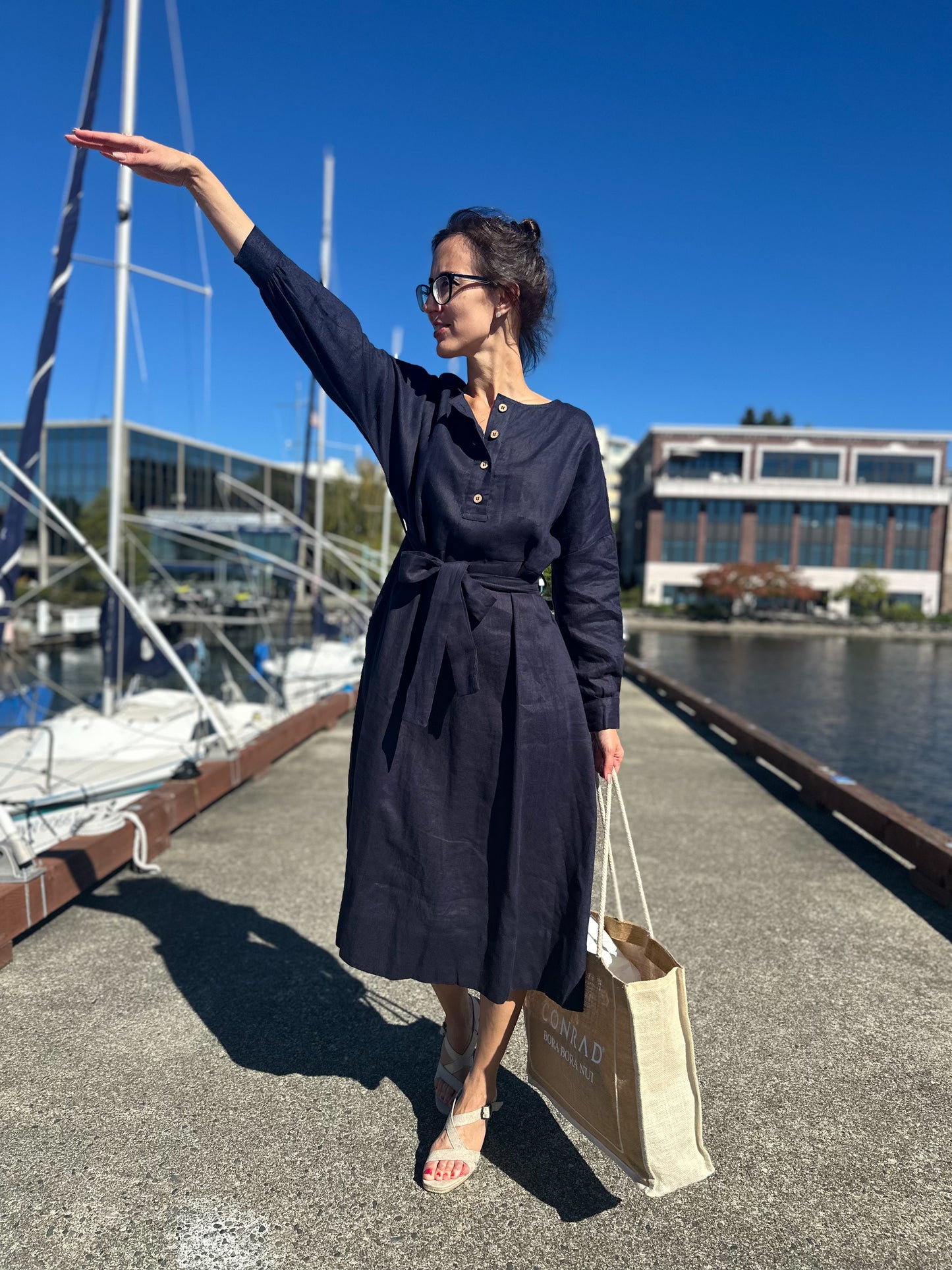 Vintage Linen Black (Dark blue) Dress with long Sleeves