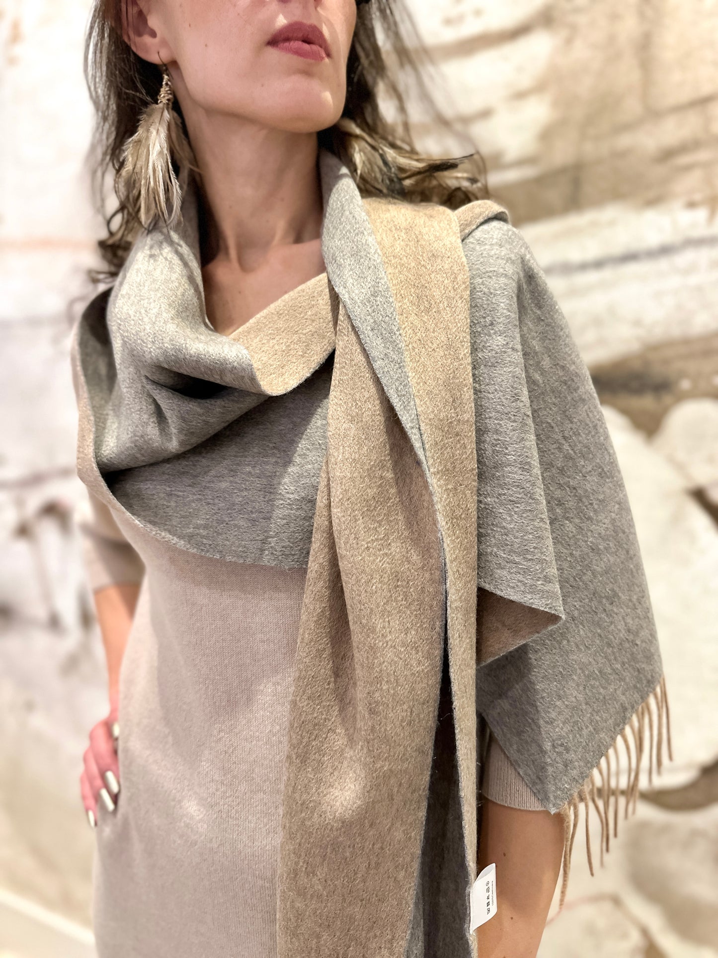 100% Cashmere Double-Sides Scarf  camel/grey