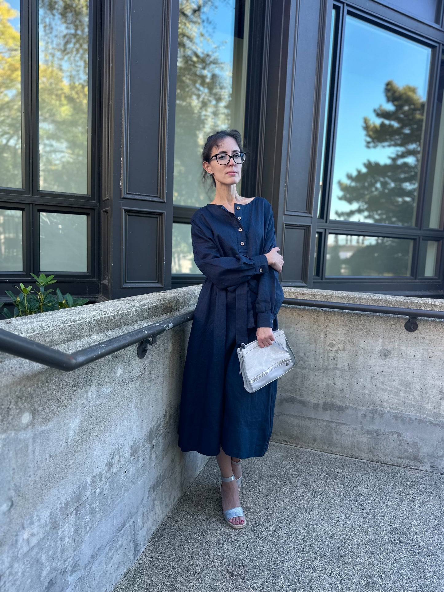 Vintage Linen Black (Dark blue) Dress with long Sleeves